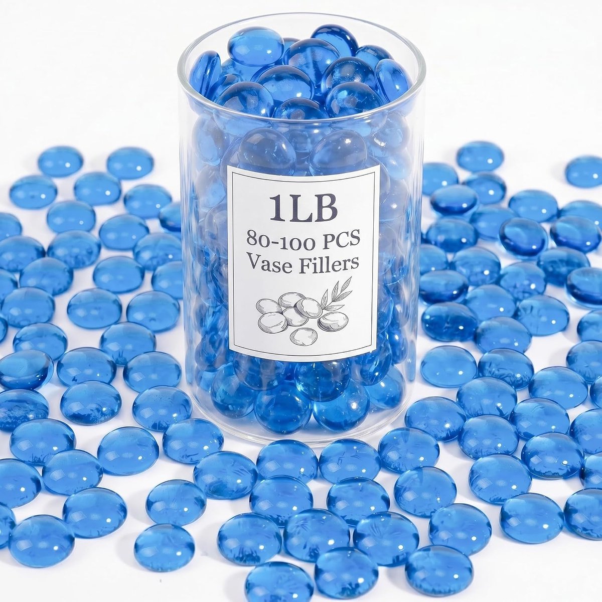 440 g (ca. 80-100 stuks). Lichtblauwe platte glazen stenen & mugggelstenen, 17-19 mm - zachtblauwe vaasvuller, aquariumdecoratie & decoratie, blauwe glazen nuggets voor bloemstukken en