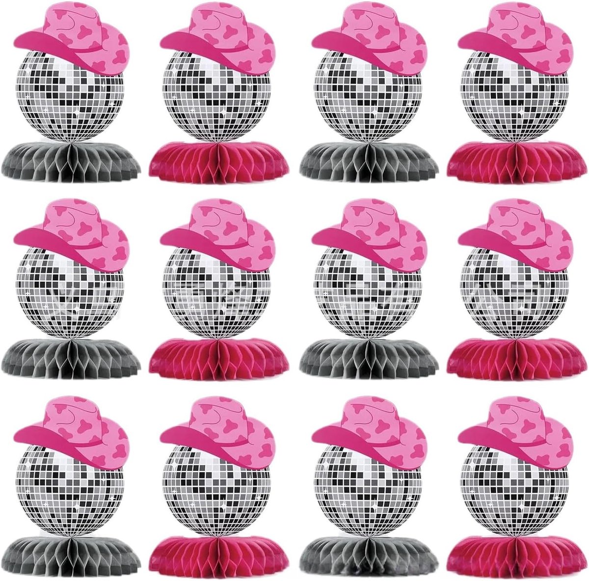 12 stuks Disco honingraat tafeldecoratie, Disco party decoratie, 90's party decoratie met roze en grijze honingraatstandaards voor retro cowgirl meidenavond en vrijgezellenfeest