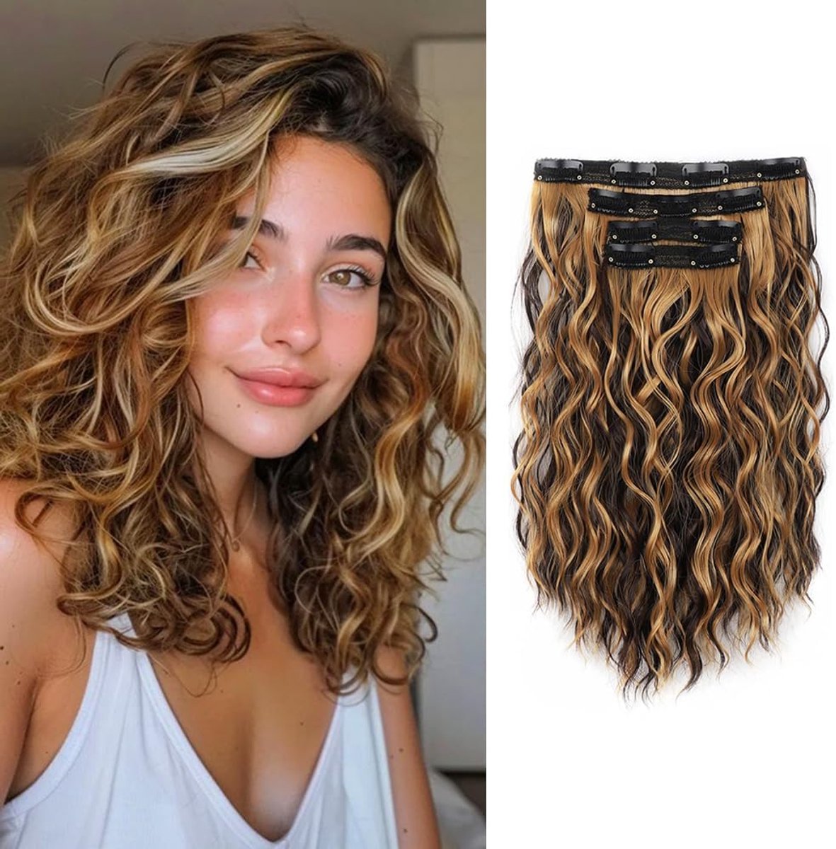 Extensies, 4 stuks, golvende clip-in haarverlengingen, natuurlijk synthetisch golvend haarstukje, haarextensie voor dames, 35 cm, lichtbruin