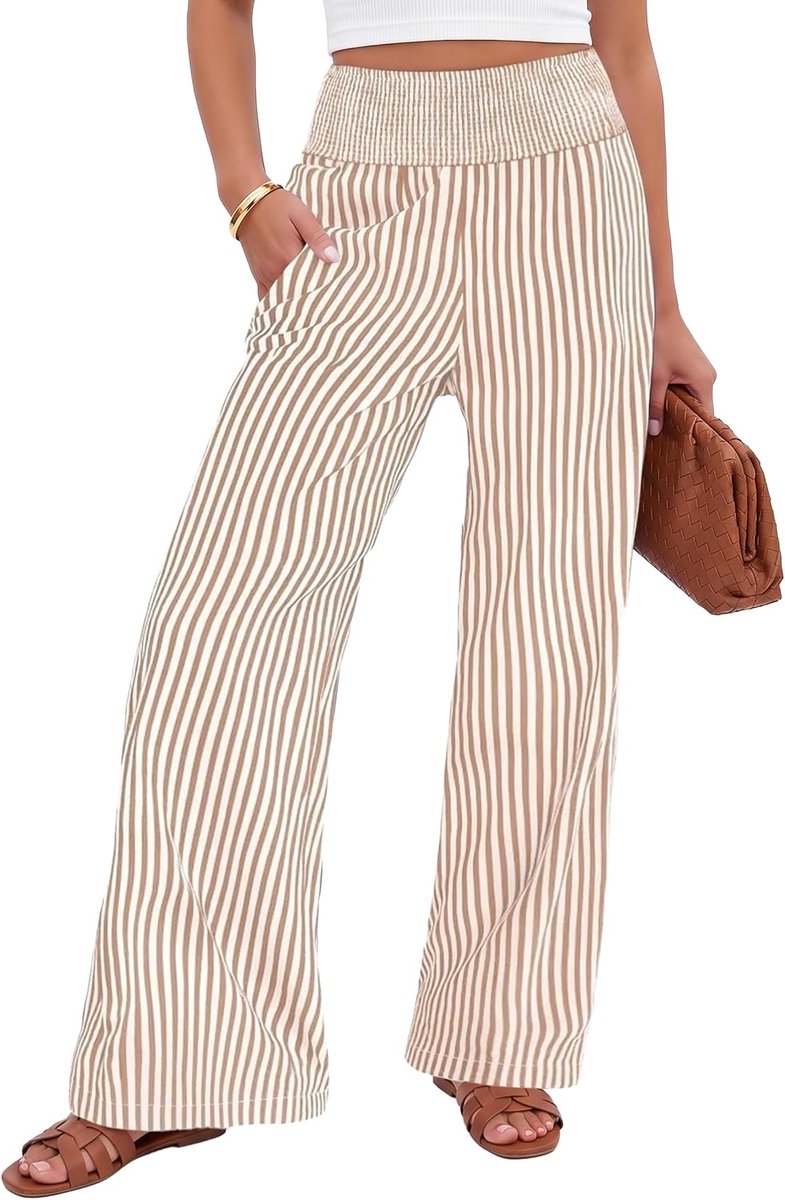 Broek voor dames, gestreept, lange palazzo-broek, zomerbroek, stoffen broek met hoge wijde pijpen, elegante culotte, elastische tailleband, casual zomerbroek met zakken, lichte comfortabele