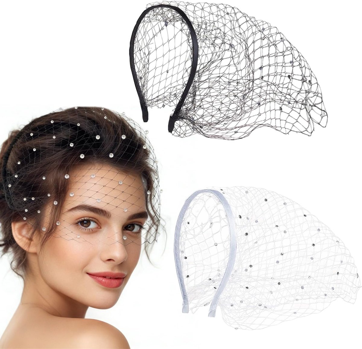 2 stuks zwart wit mesh sluier hoofdband, fascinator hoed met sluier voor vrouwen, strass hoofdband, fascinators hoed voor theekransjes kerk bruiloft begrafenis, bruidsaccessoires Halloween