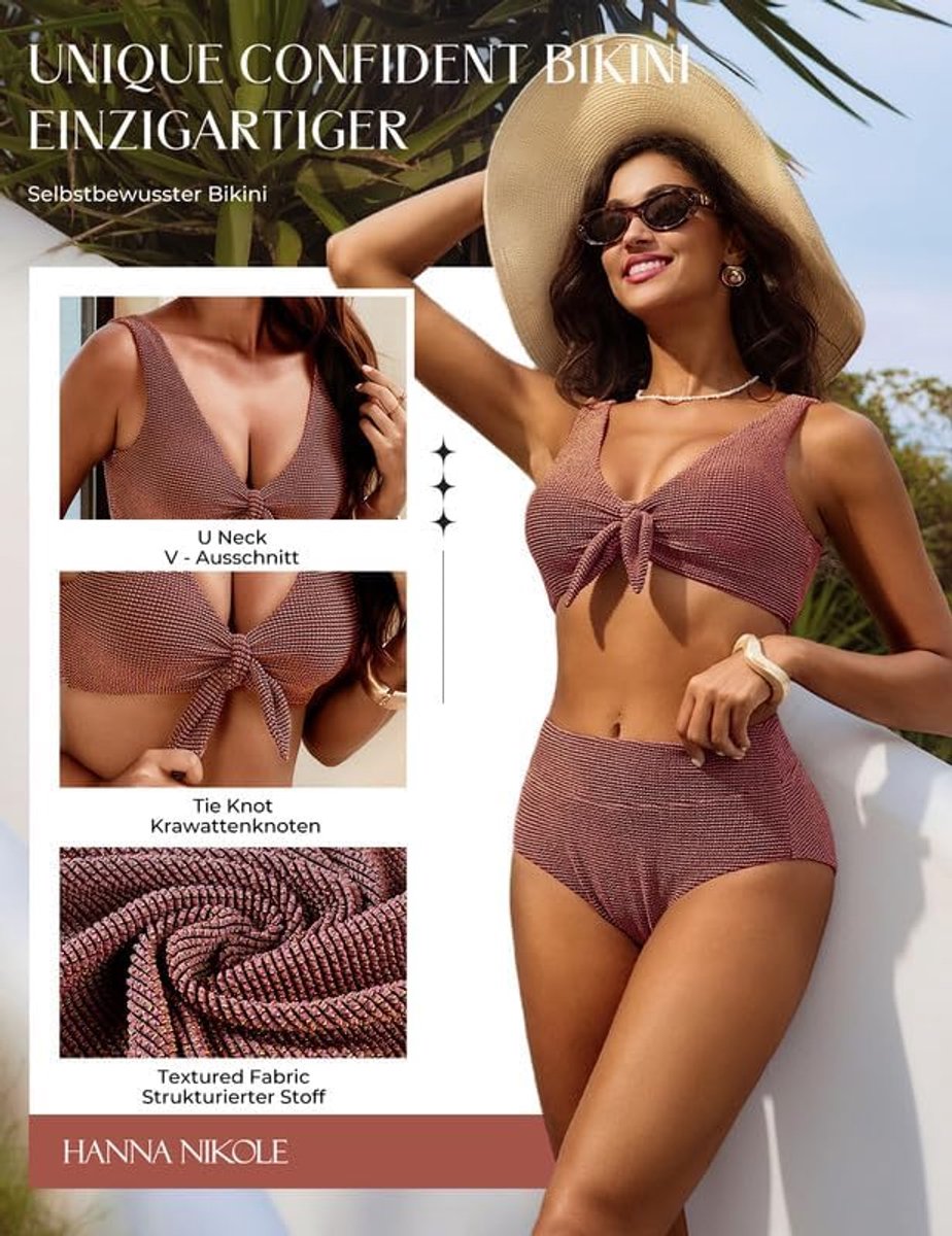 Nikole Bikini voor dames, badpak buikweg, push-up, tweedelige badmode, getextureerde hoge taille, bescheiden zwempak, curvy strandmode, glitter, badkleding met stropdasknoop