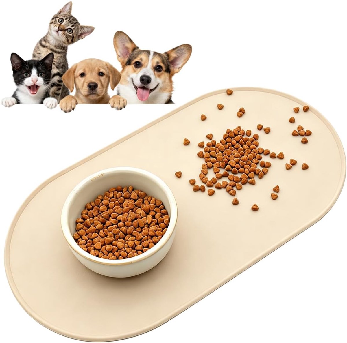 Voerbakmat voor honden, voermat voor katten, waterdichte voermat, siliconen voermat, grote antislip voermat, biedt ruimte voor twee hondenbakken, geschikt voor voer, 48 x 28 cm