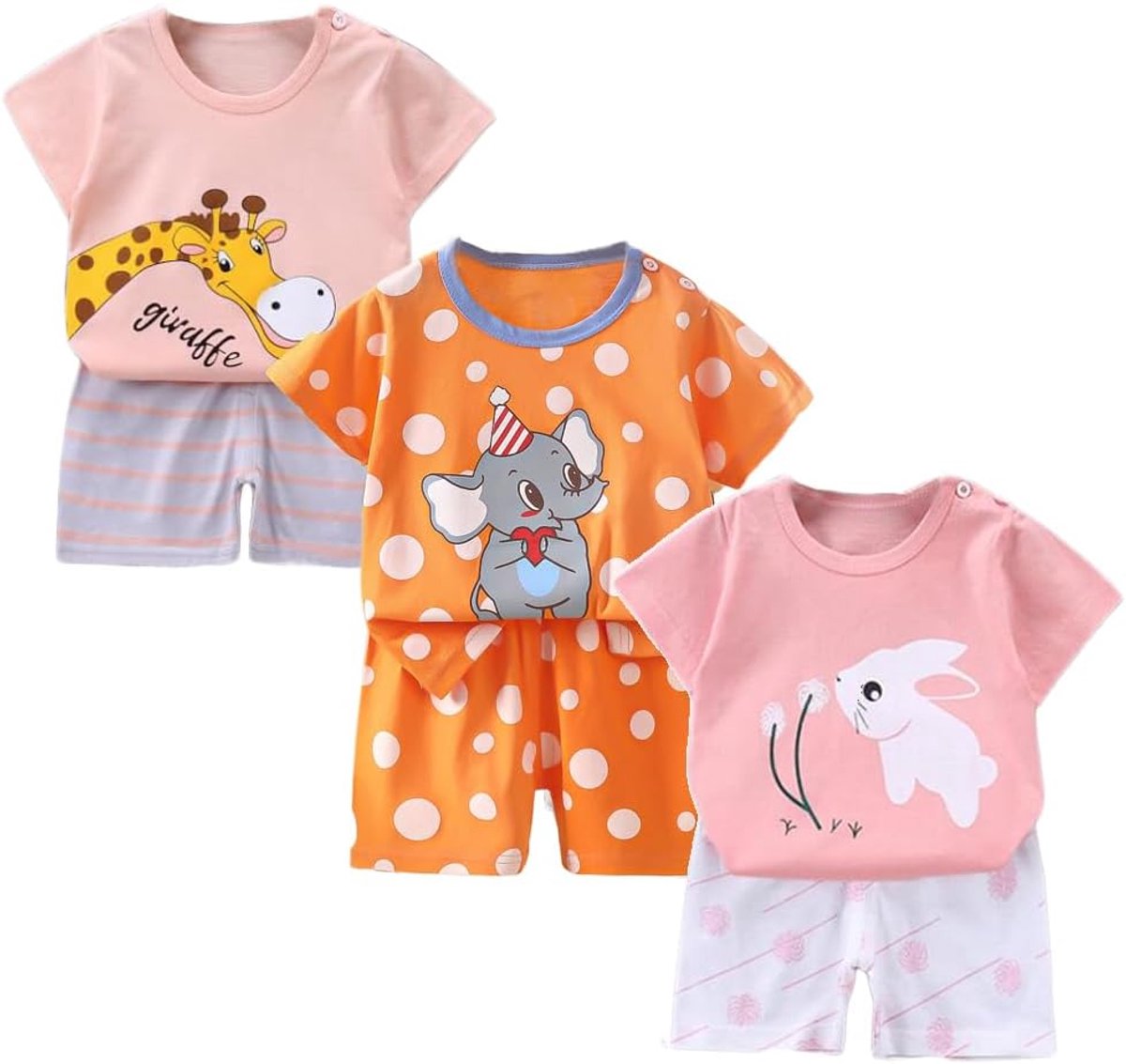 Meisjes set van 3 korte mouwen shorts T-shirts halve mouwen, verpakking van 6 (met/zonder schoudergesp)