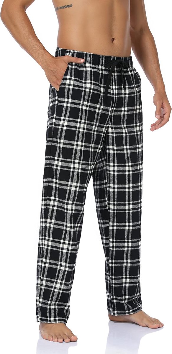 Pyjamabroek voor heren, 100% katoen, geruit, pyjamabroek, dikke flanellen slaapbroek, zachte nachtkleding voor mannen, met zakken, verstelbare tailleband met trekkoord