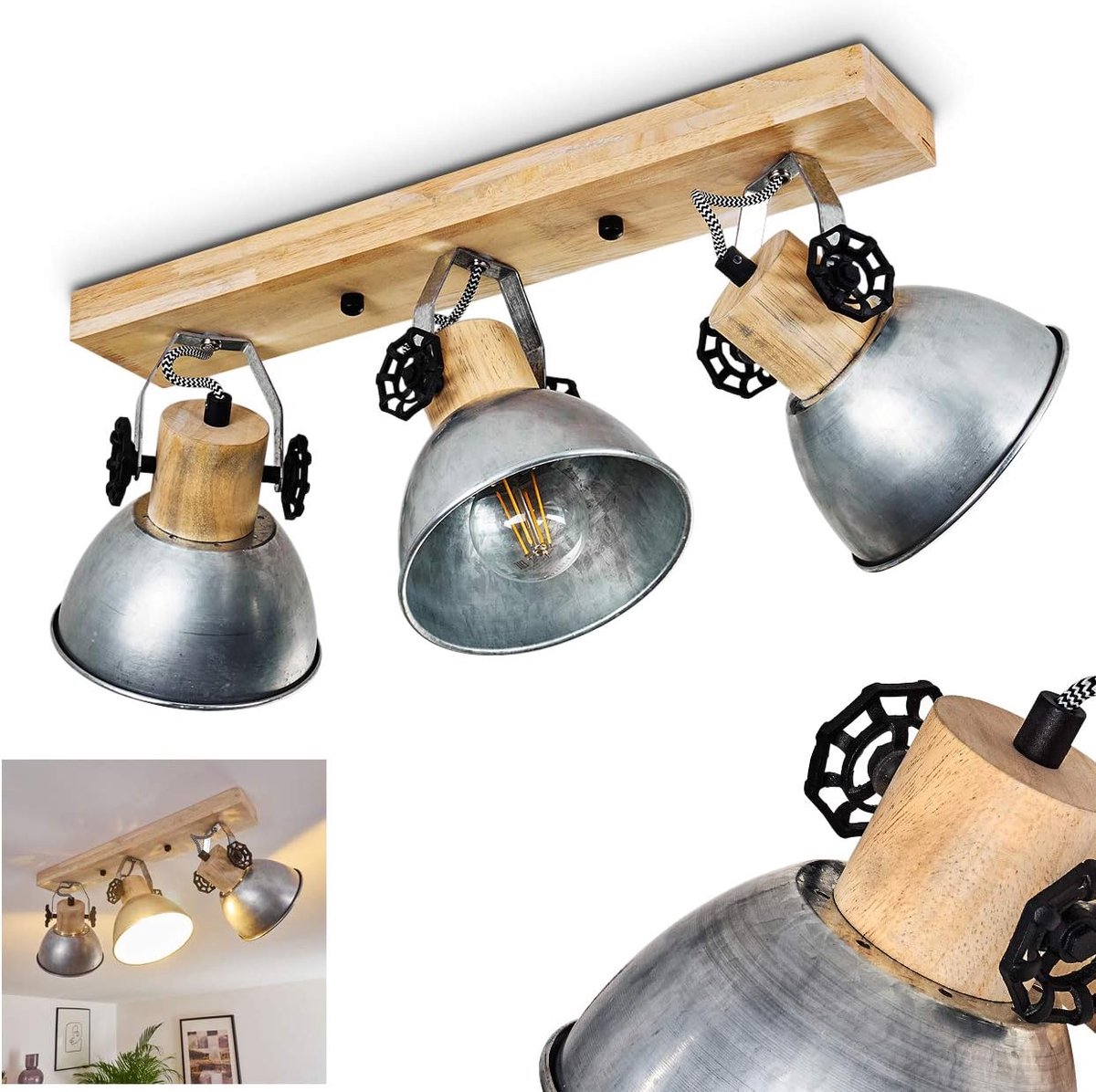 Plafondlamp Orny, plafondlamp van metaal/hout in zink/bruin, 3 lampen, met verstelbare spots, 3 x E27-fitting, spot in retro/vintage design, zonder gloeilampen