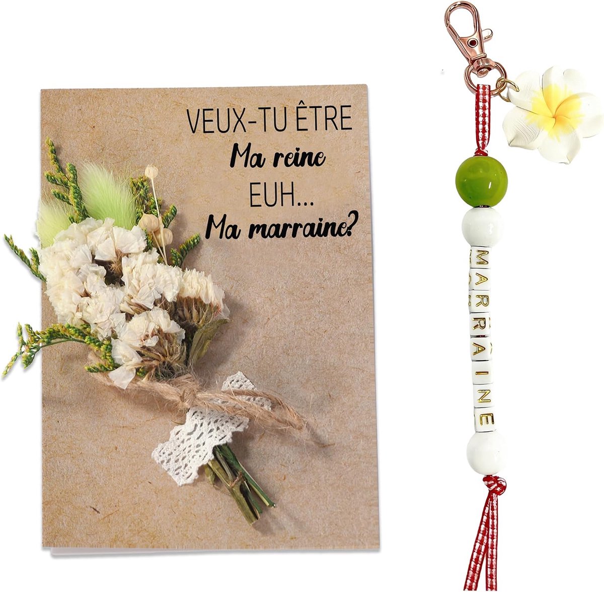 Peettante vraag: sleutelhanger + kaart met gedroogde bloemen – wil je mijn peettante zijn? Origineel cadeau-idee voor doop, aankondiging zwangerschap, communie, verjaardag, Kerstmis