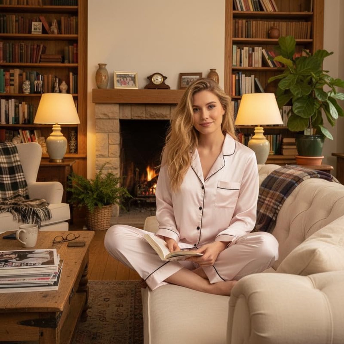 Damespyjama van zijde, 2-delige satijnen pyjama's met lange mouwen en knopen en bijpassende broek, lichte en ademende nachtkleding voor dames voor thuis
