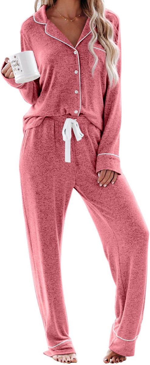 Pyjama dames lange pyjama sets met knoopsluiting tweedelige nachtkleding huispak