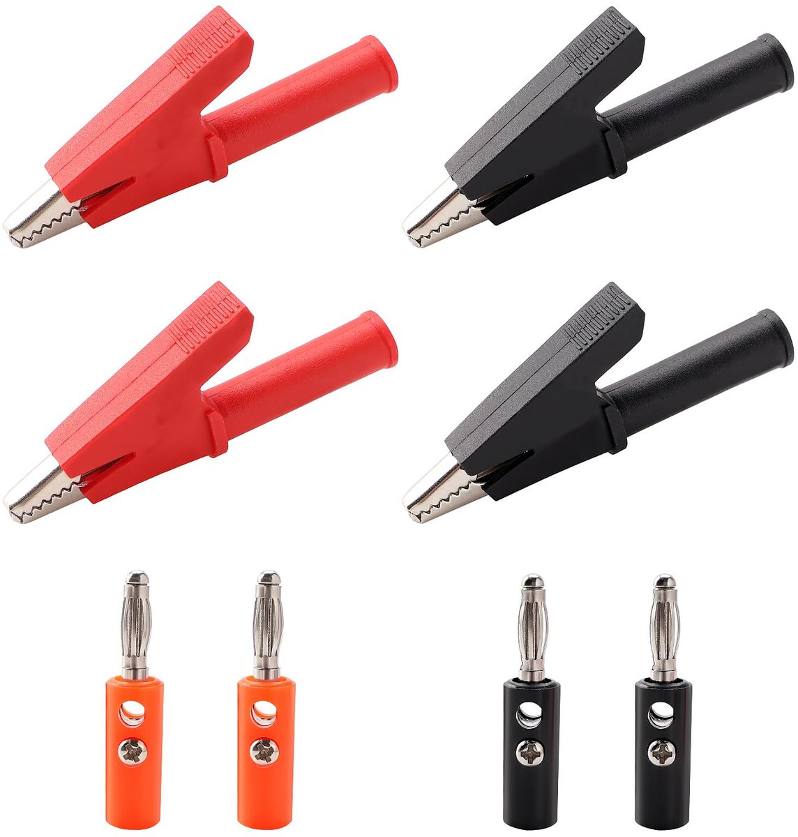 4 Stuks 20A Geïsoleerde Krokodillenklemmen med 4mm Bananenaansluiting, Krokodillentestklem, met Banaanstekkers, voor Elektrische Multimetertests, Rood Zwart