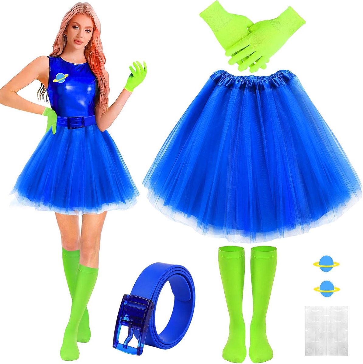 Alien kostuum voor volwassenen, carnaval, groen, drie ogen, Alien, grappige outfit met handschoenen, tutu, rok, sokken, riem, kaarten, Aliene-kostuum voor carnaval, maskerade, themafeest