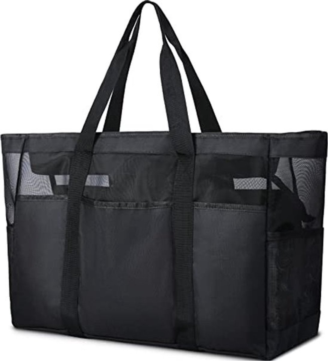 Grote Strandtas XXL Voor Gezinnen | Vouwbare Strandtas Met Ritssluiting | Ademende Mesh Strandtas | Multifunctionele Shopper Voor Strand, Fitness, Picknick | Zwart