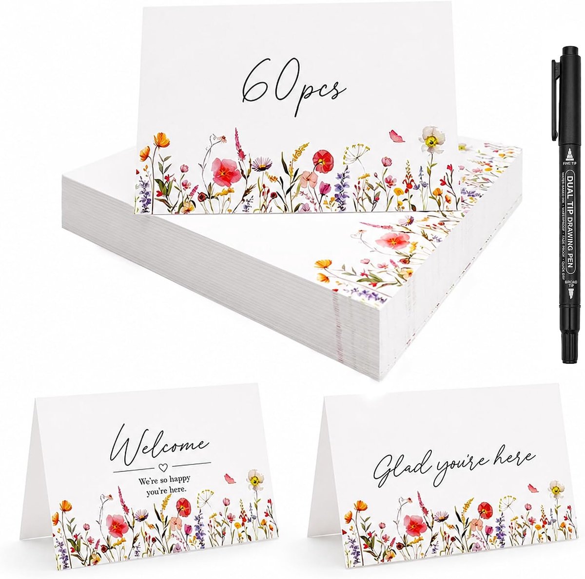 60 stuks tafelkaarten, met markeerstiften, 8,5 x 5,5 cm, bloementhema