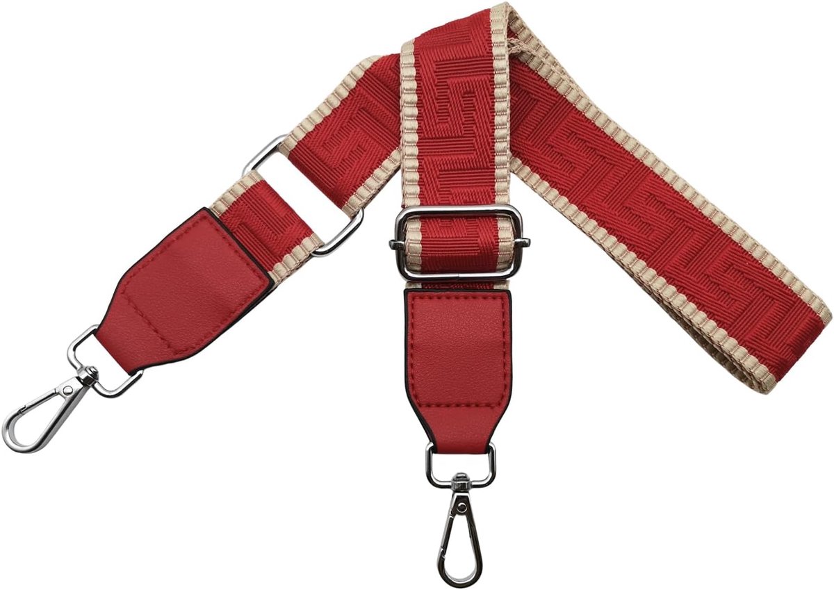Schouderriem voor tas, tasriemen om te wisselen, verstelbare tasriem, breed 3,8 cm, met leer, zilveren karabijnhaak, tassenband, schouderriem voor dames, handtassen, kaki/rood, T28