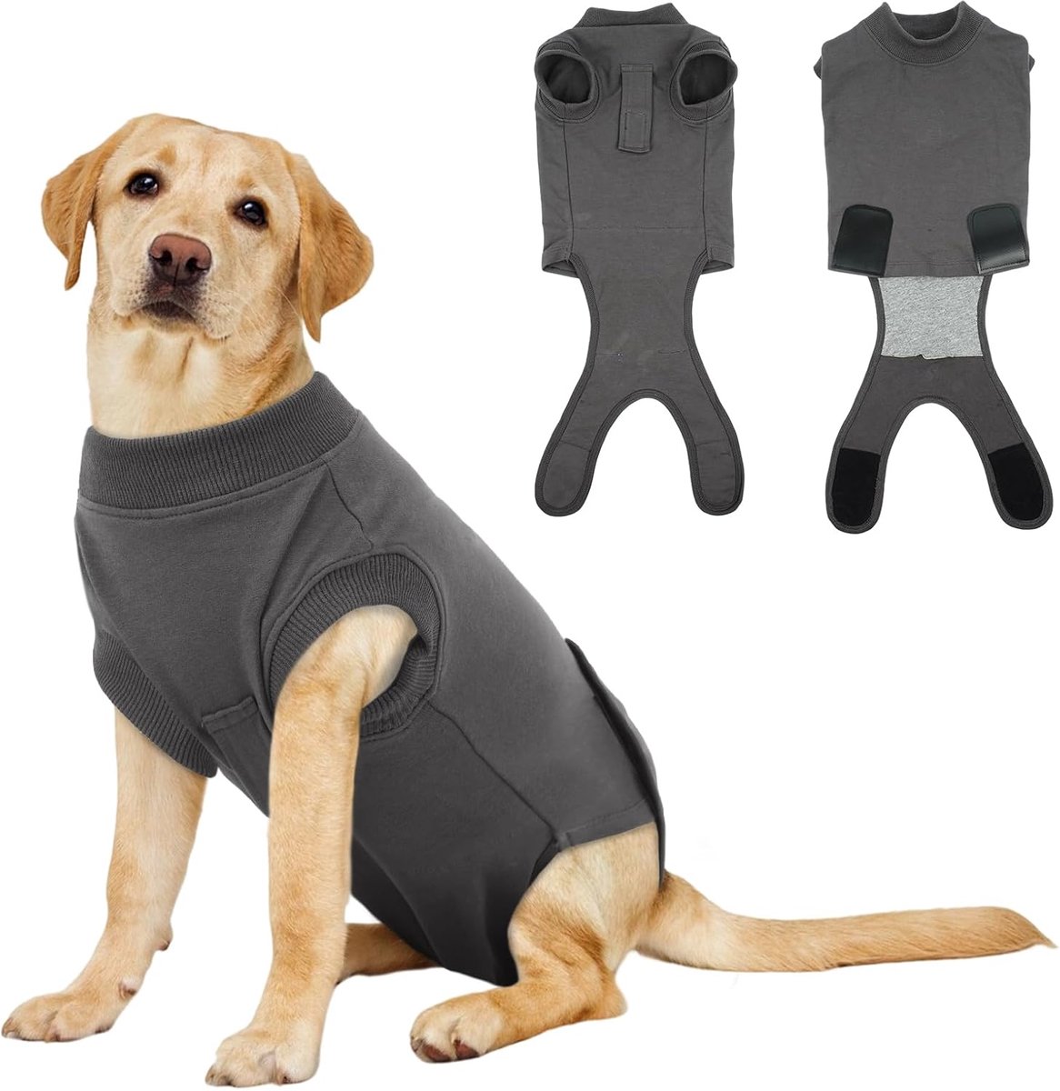 Herstelpak voor honden, katoenen hondenpak met buikzak, bevestiging aan de achterkant, wondbeschermende kleding na het OP-lichaam voor bordercollie, grijs, XL