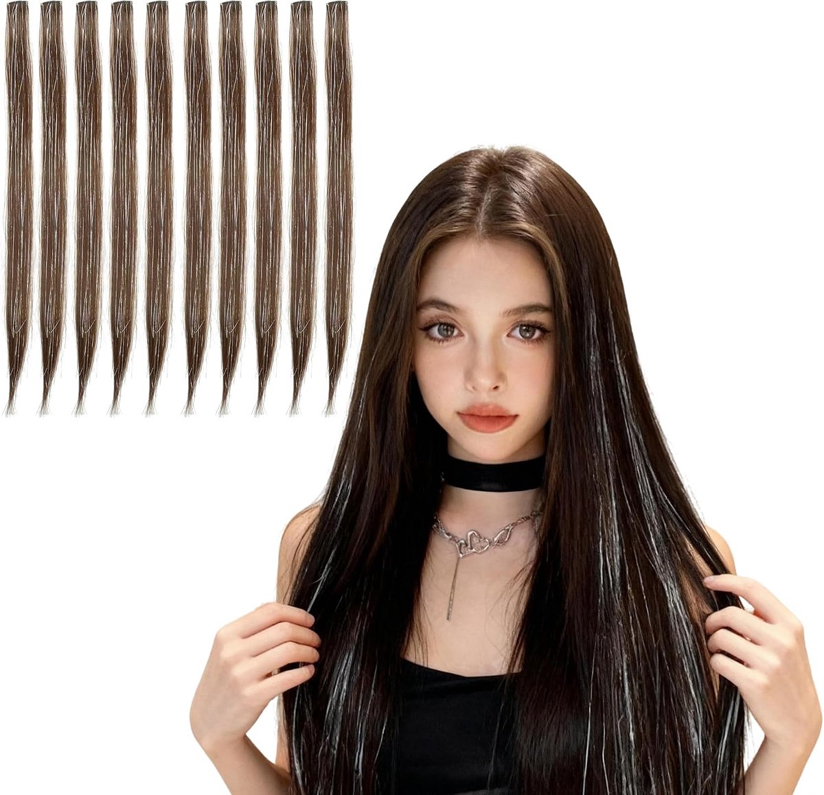 Haarextensies, kunsthaar, clip-in haar, glitterstrengen, haarstrengen om in te vlechten, lametta lametta voor het haar, hangende oorkleuren, onzichtbaar (10, lichtbruin-metaaldraad)