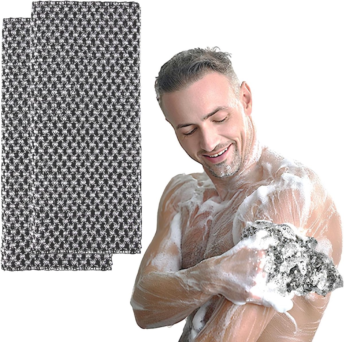 2 stuks diepe reiniging exfoliërende douchehanddoek, dubbelzijdige exfoliërende handdoek, extra lange herbruikbare exfoliërende doek (2 stuks zwart)