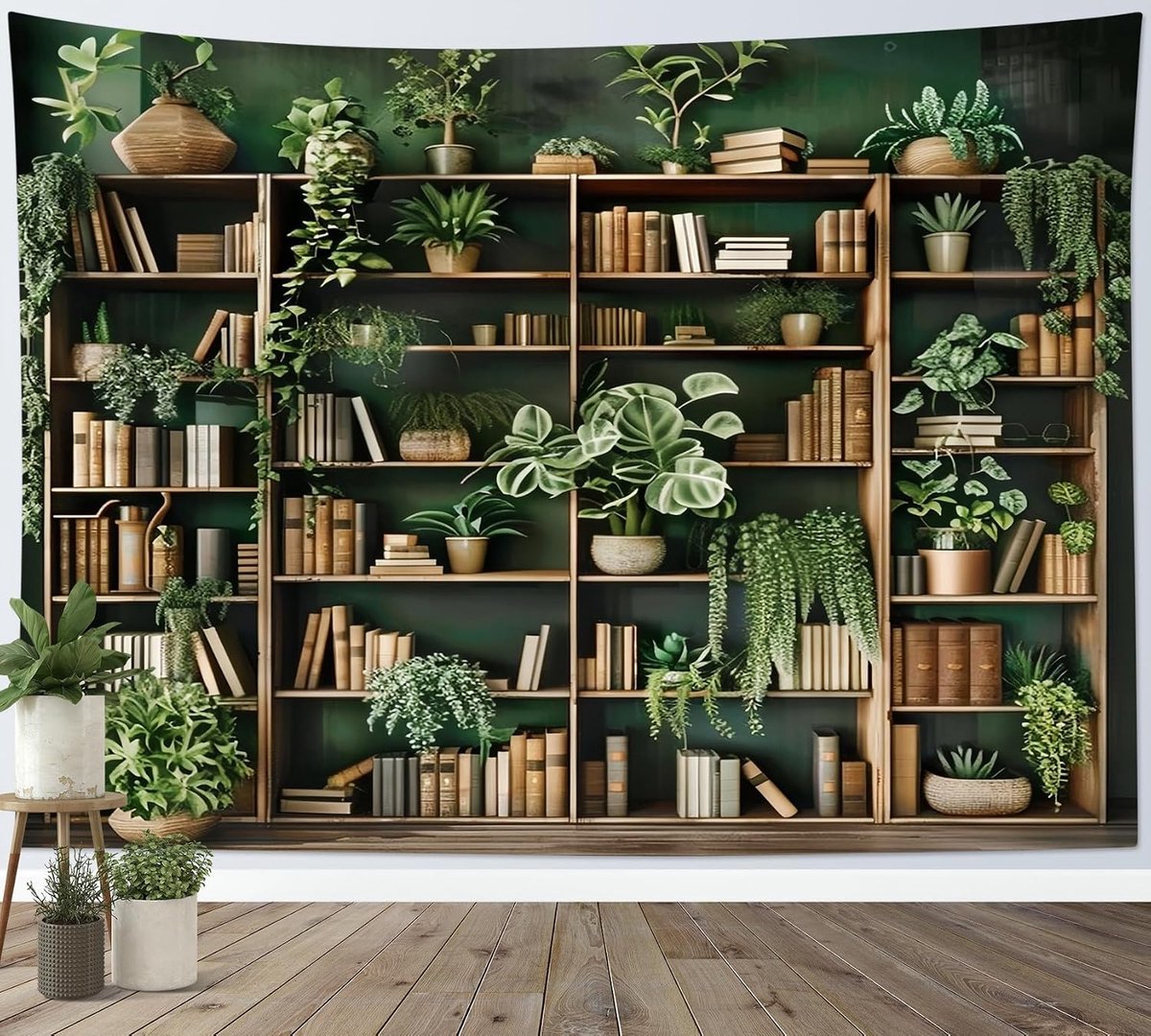 Wandtapijt Groene Planten op Boekenplank Tapijten Klaslokaal Woondecoratie voor Woonkamer Slaapkamer Room Decor,150x100cm