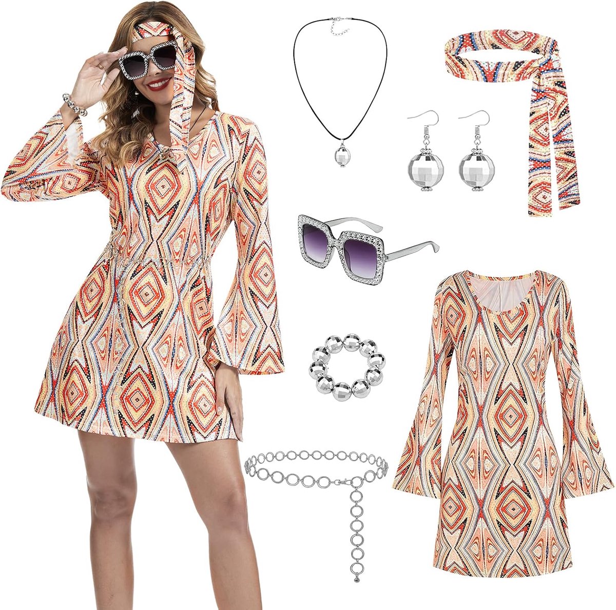 60s 70s hippie kostuum voor vrouwen - 7-delige disco party outfit met uitlopende jurk, vredesteken ketting, oorbellen, hoofdband, zonnebril, armband en taille ketting