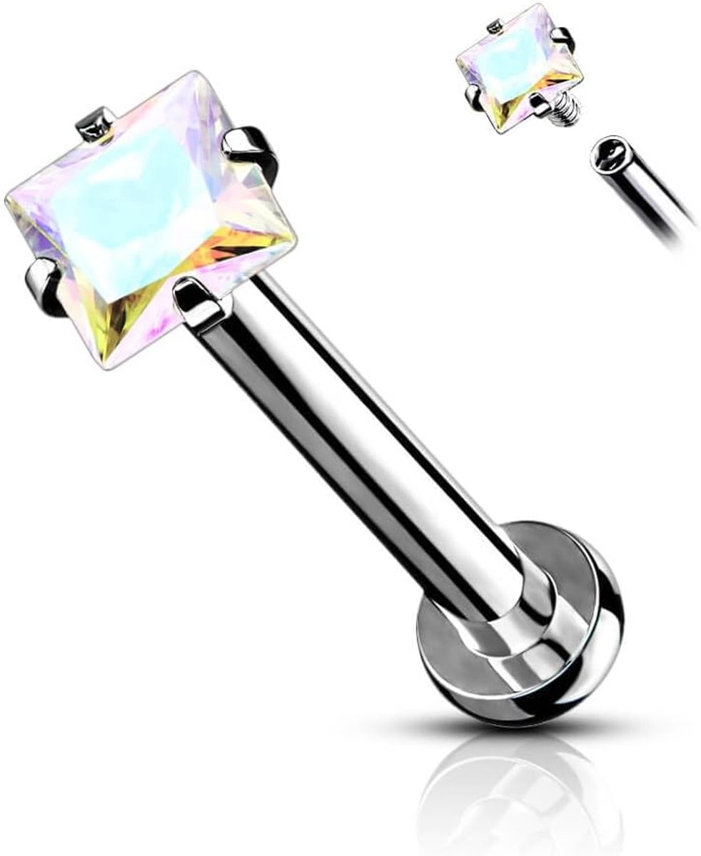 Vierkante zirkonia binnendraad piercing oorsteker helix tragus chirurgisch staal 316L