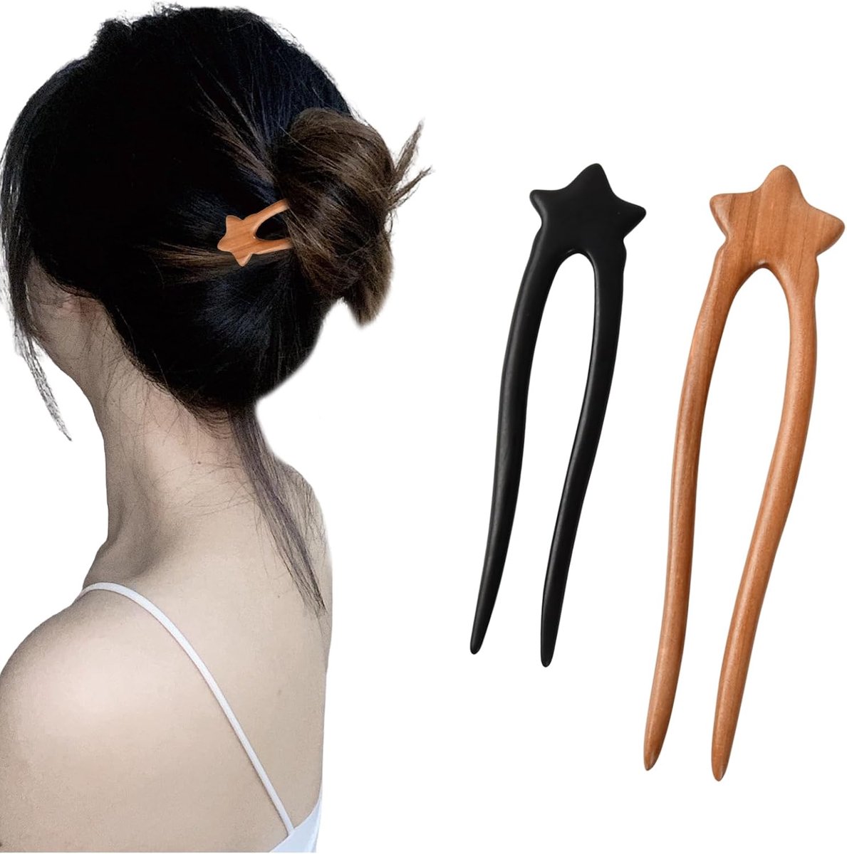Haarspelden, haarspelden in Franse stijl, eenvoudige houten haarspeld van hout, haarklemmen voor meisjes en vrouwen, haarstyling accessoires (ster)