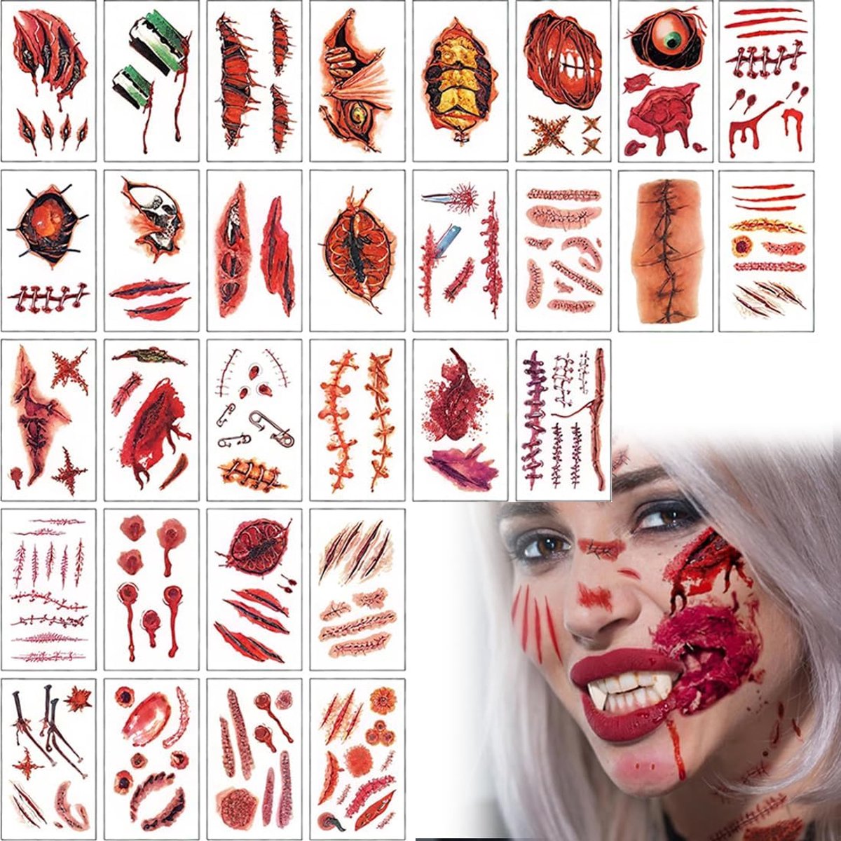Halloween, 30 vellen littekens, tatoeages, Halloween, gezichtstattoo, carnavalskostuum, zombie-make-up, accessoires, carnaval, zombie, heks, vampierkostuum voor dames, griezelige