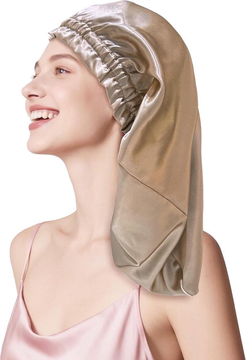 Townssilk Zijden slaapmuts 100% 22 momme moerbeizijde voor dames, luxe, ademend, zit veilig 's nachts en drukvrij, ideaal voor lang en krullend haar, karamel, 58 cm
