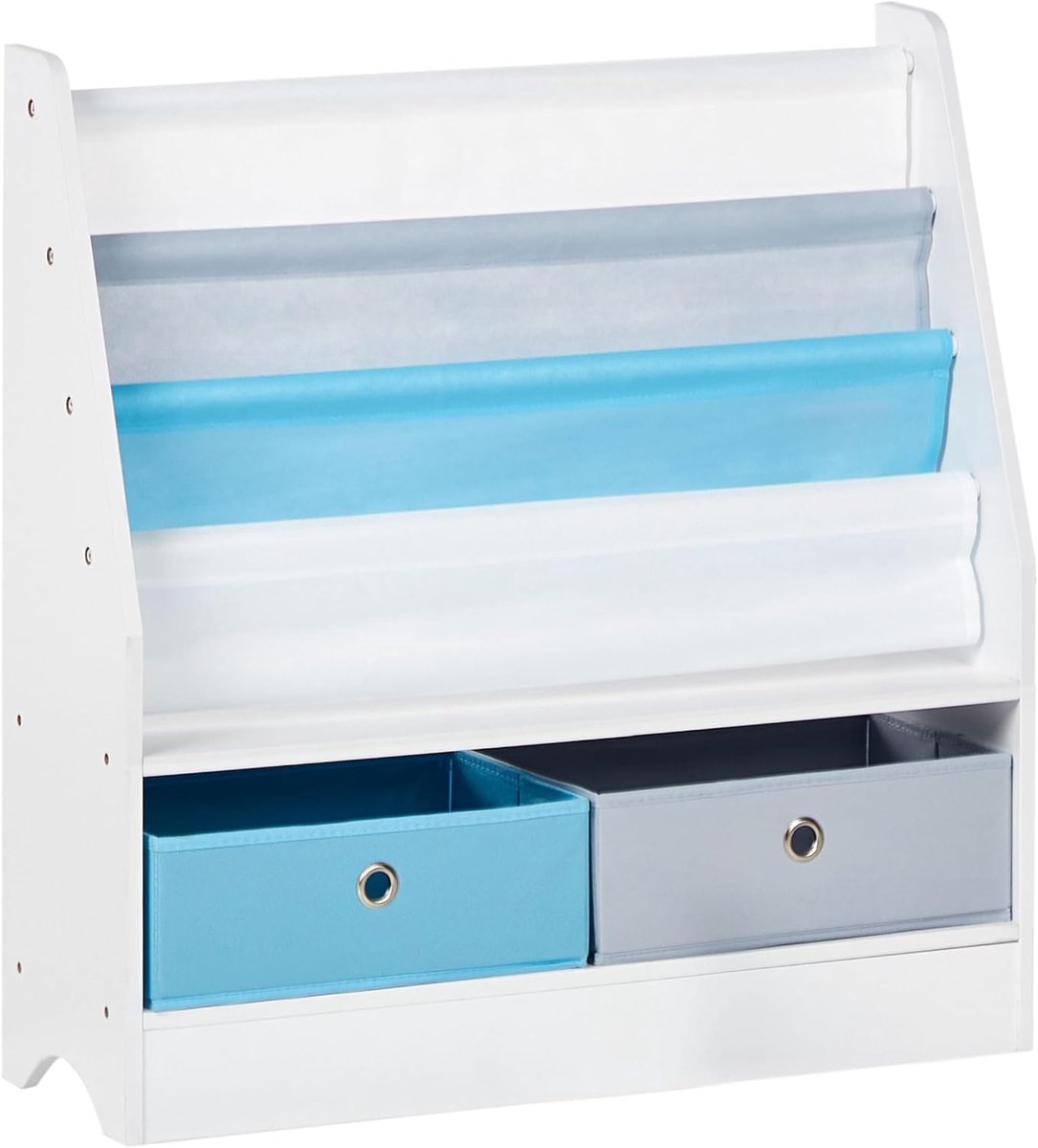 Boekenkast met 3 planken kinderkamer vezelplaat met twee stoffen dozen bakken wit Tumby