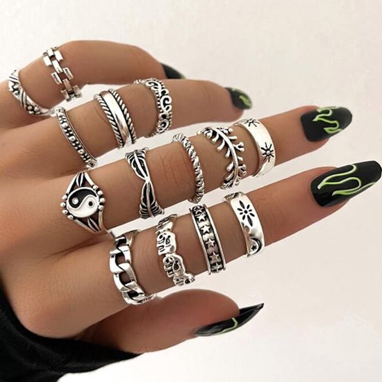 Vintage Knuckle Ring Sets Zilver Olifant Stapelbare Vingerringen Midi Size Gezamenlijke Knuckle Ring Sets voor Vrouwen en Meisjes 14 Stuks — afbeelding 5