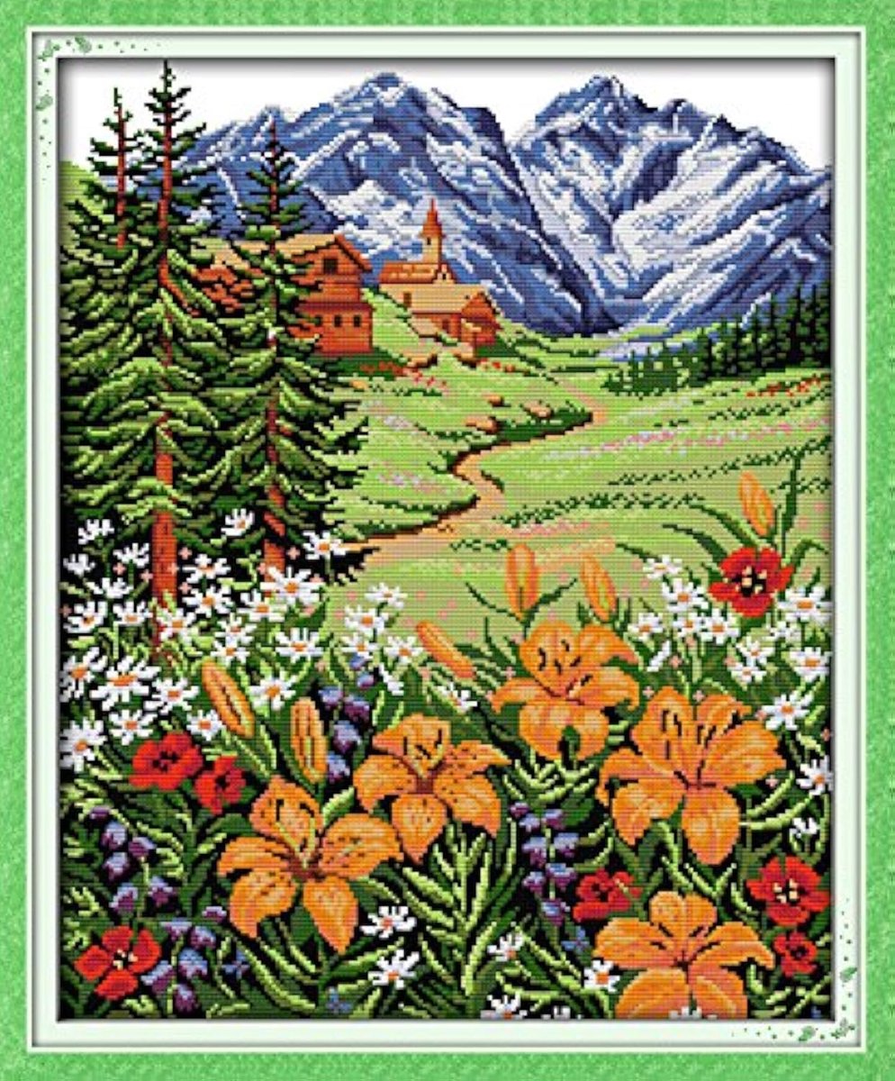 14CT voorbedrukt kruissteek borduurwerk, compleet assortiment startersets voor beginners - Snow Mountain in het voorjaar 45 x 53 cm