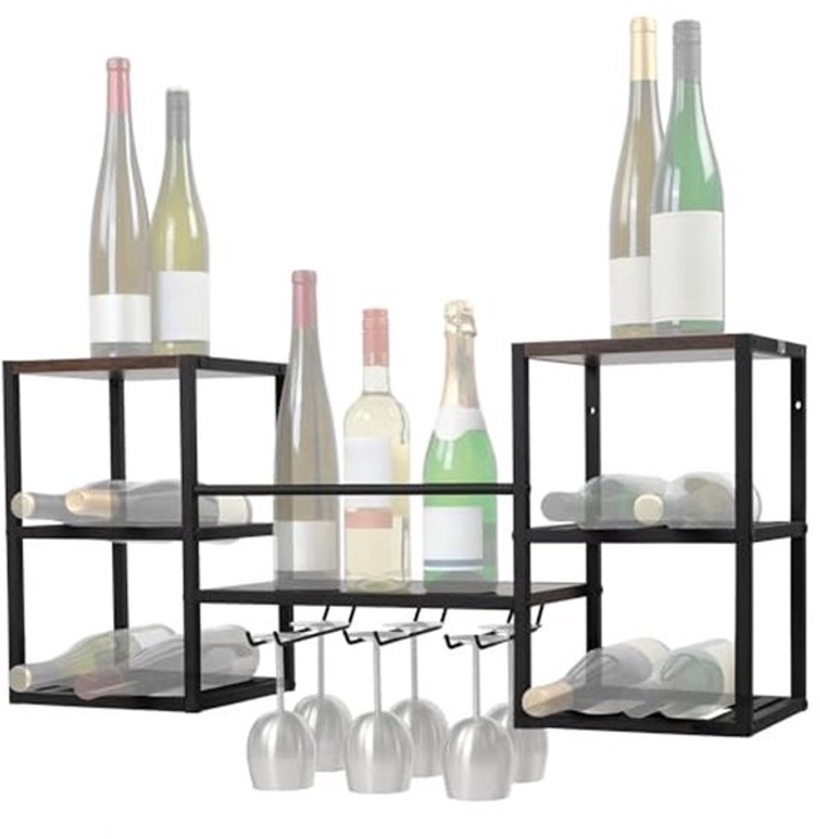 Wandgemonteerd Wijnrek met Glashouder - 88 x 25 x 40 cm - Hangend Drankrek voor Wijnflessen en Glazen