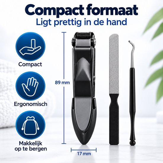 Zwarte nagelknipper set met afmetingen van 89 mm bij 17 mm.