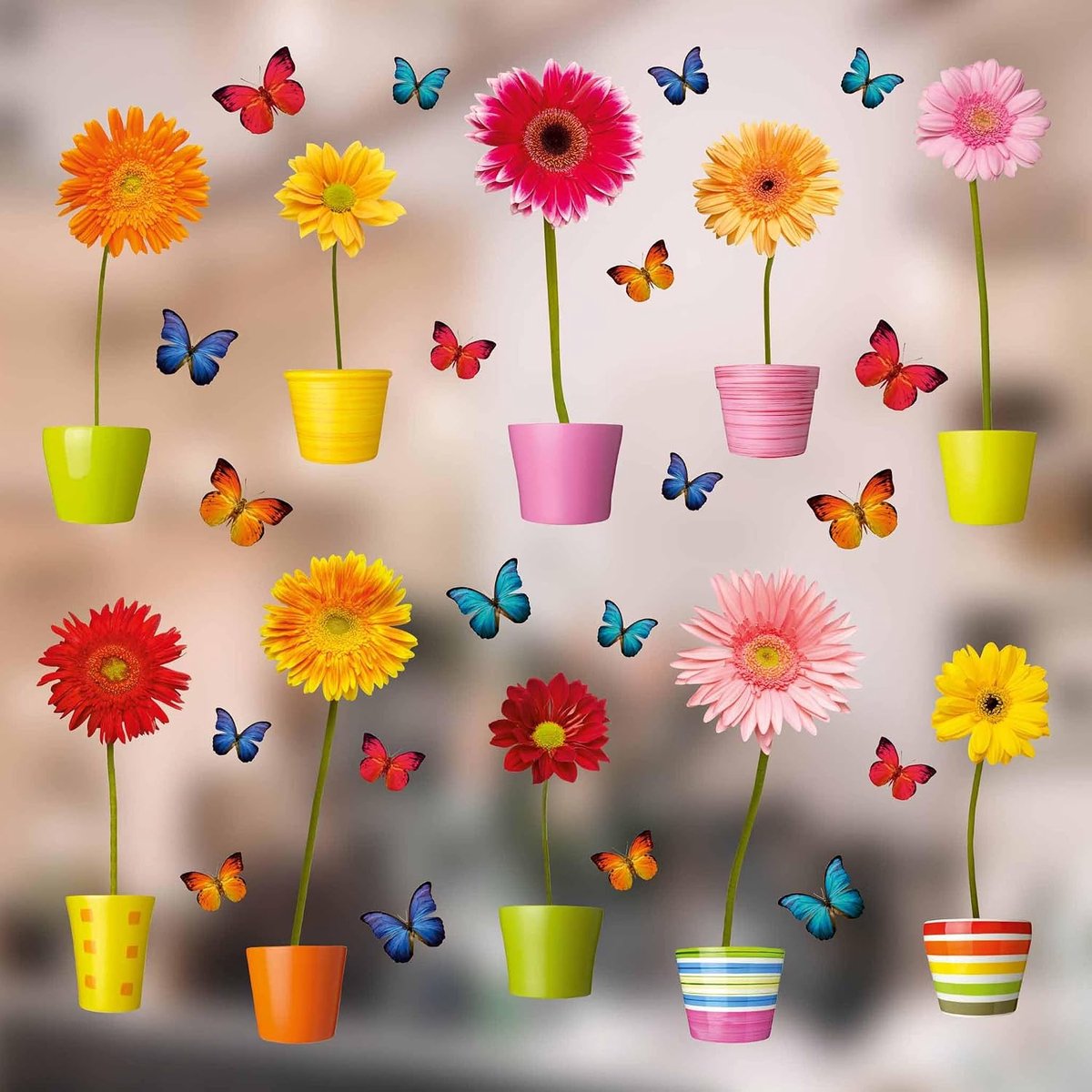 Raamstickers - 10 afzonderlijke kleurrijke potbloemen-raamstickers met statische hechting als decoratie voor ramen en glazen deuren - kleine