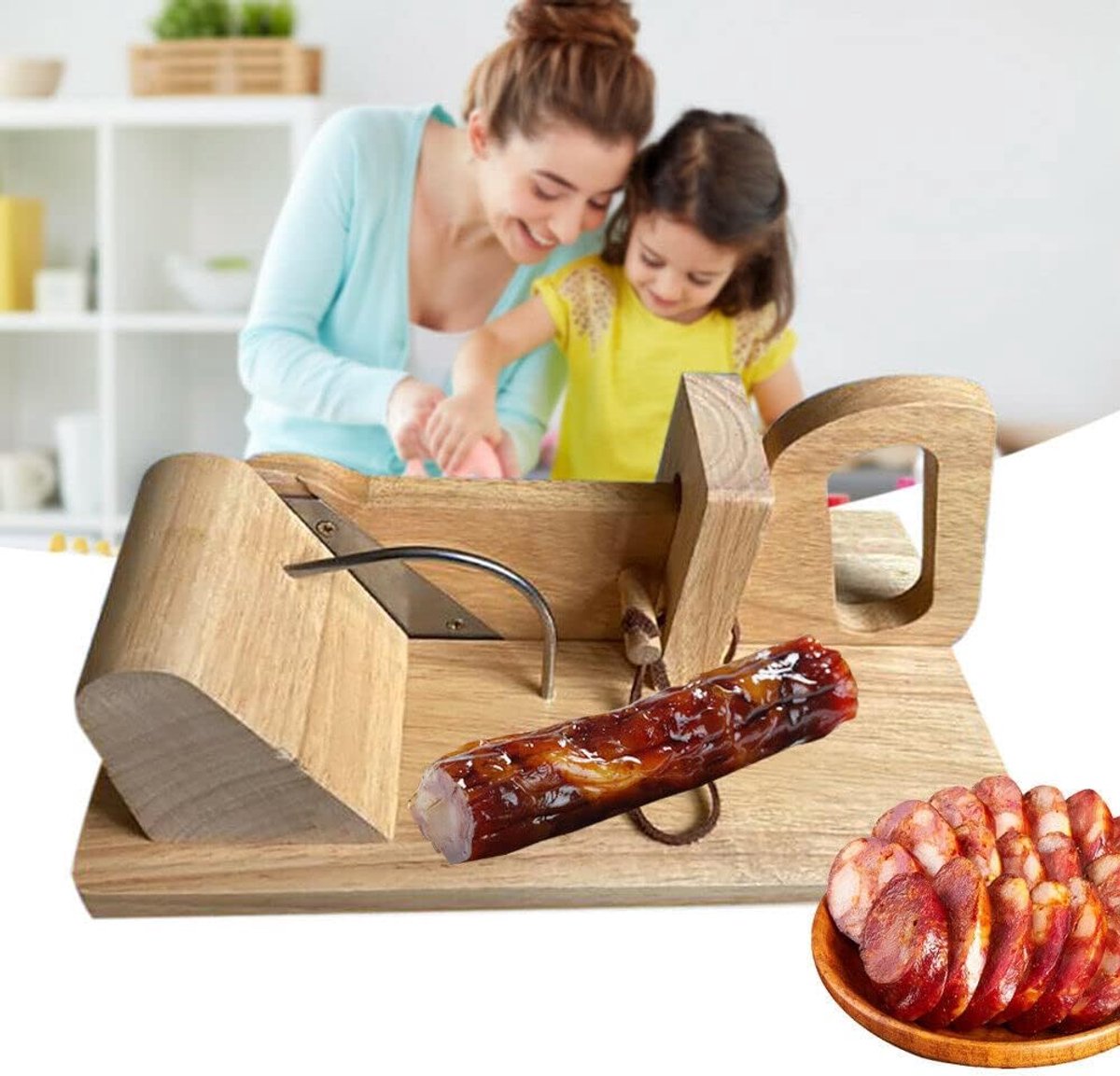 Houten worstsnijmachine met messenhouder, roestvrij staal, worstsnijder, salamisnijder voor het snijden van worst en droogvlees, kaas