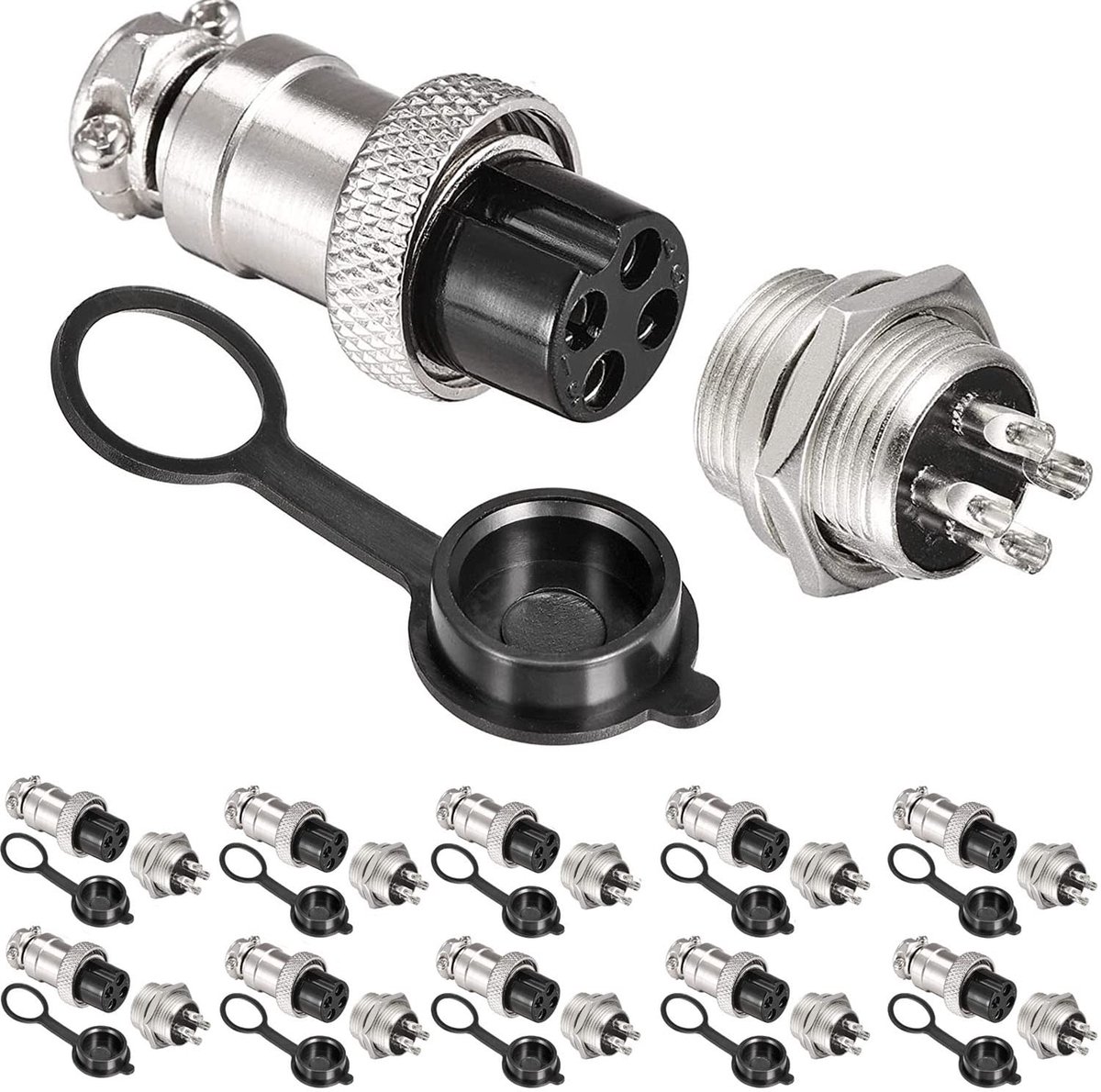20 stuks GX16 4-pins paneel metalen montage ronde aviation plug, 16 mm mannelijk/vrouwelijke aviation plug kabelconnector 4-pins + rubberen beschermkap