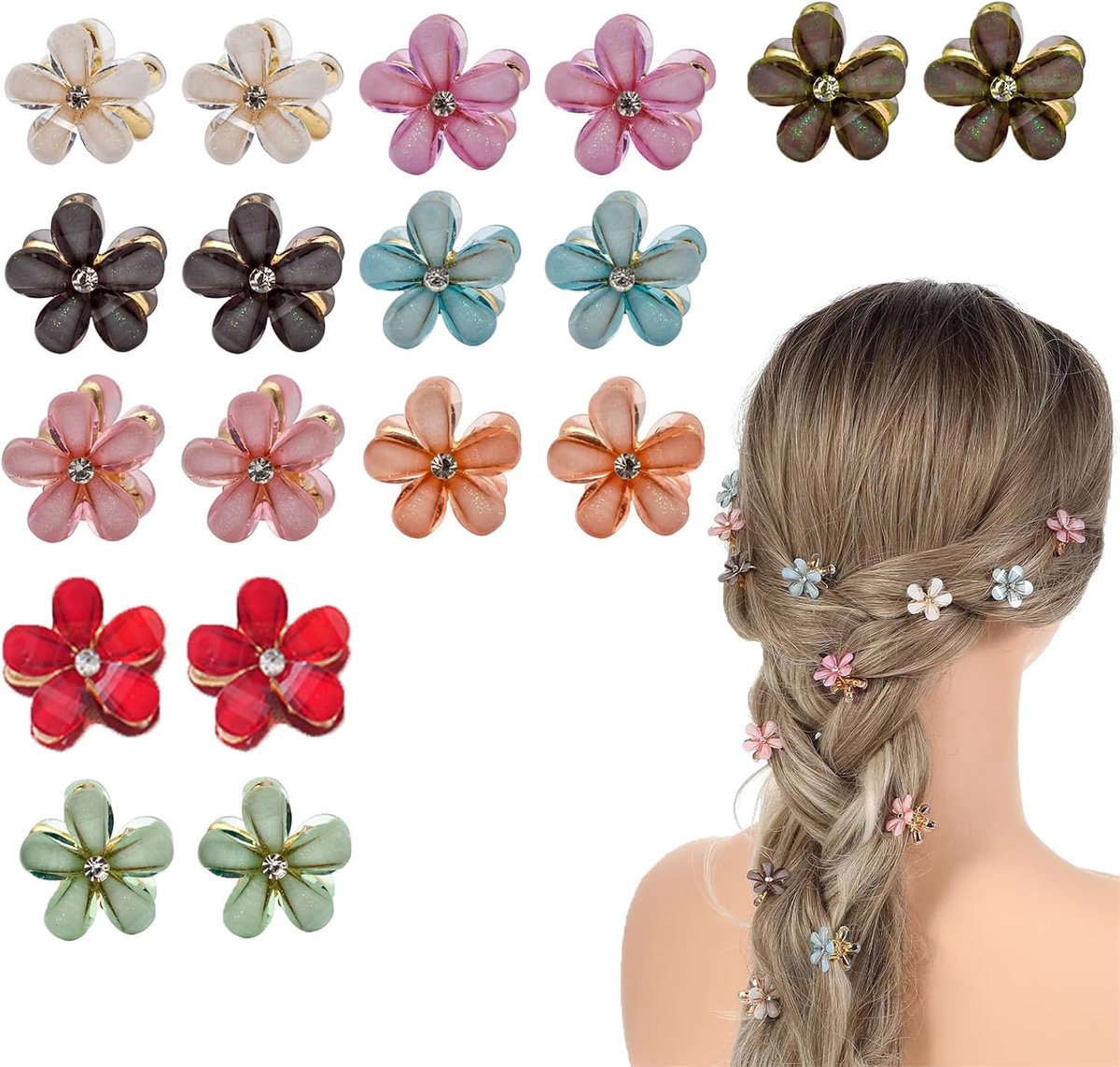 Verpakking van 18 bloemenhaarclips, haarclip, bloem, klein, 9 kleuren, bloemen, haarklemmen, bloemenaccessoires, bloemenhaarklemmen, mini-diamanthaarclips voor meisjes, dames, bruiloft,