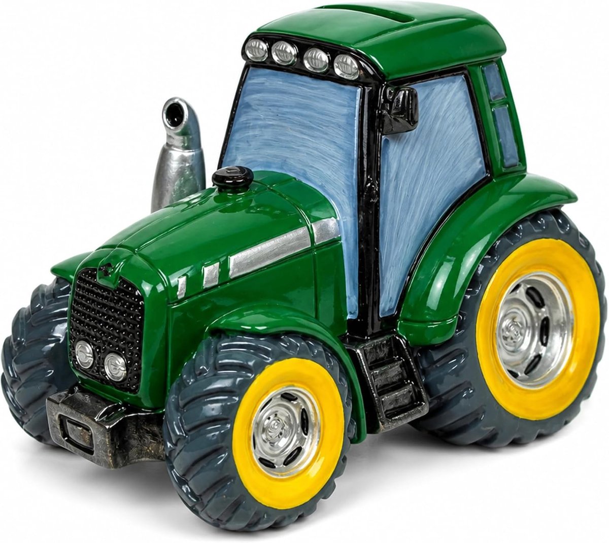 Spaarpot, tractor, groen, grote spaarpot, handbeschilderd (13 x 17 x 17 cm), gedetailleerde trekker met rubberen stop, cadeau voor kinderen, jongens en landbouwfans (groen zonder schep)
