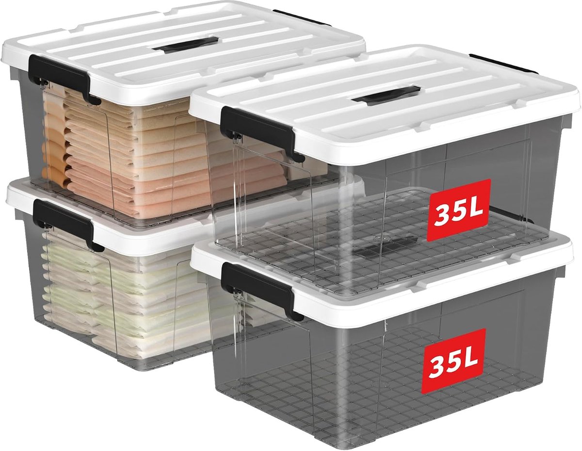 35L x 4 opbergdozen, plastic opbergdoos met deksels, organiserende container met handvat en veilige vergrendelende gespen, stapelbaar, nestbaar, draagtas voor thuiskleding, 35L-4Pack, helder