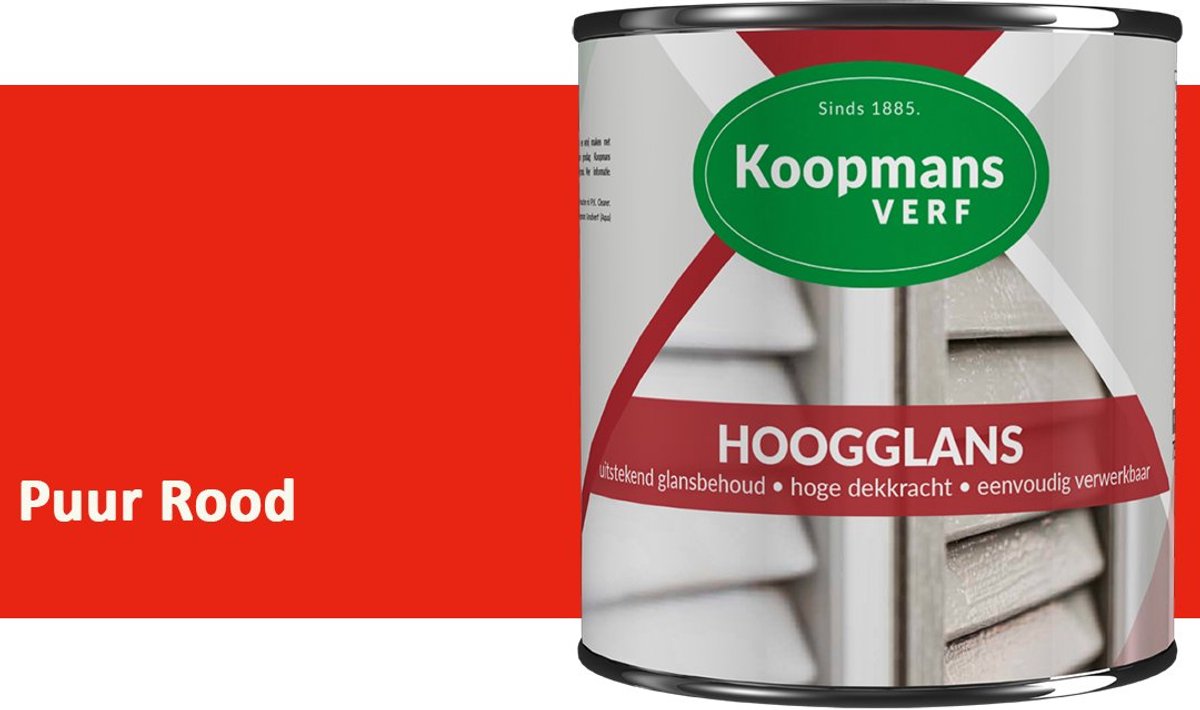 Koopmans Hoogglans Lakverf Binnen & Buiten – Voor Hout en Metaal – Krasvast – Hoge Dekkracht – Kozijnen, Deuren & Meubels – Puur Rood – 750 ml