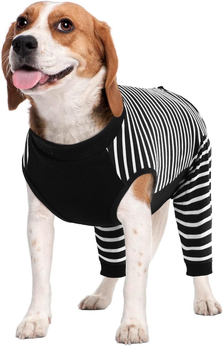 Herstelpak voor honden voor dames en heren, chirurgisch pak voor honden met lichaamsmouw en achterbenen om beet te voorkomen, hondenbody met beenbretels, wondbedekking, zwarte strepen, XL