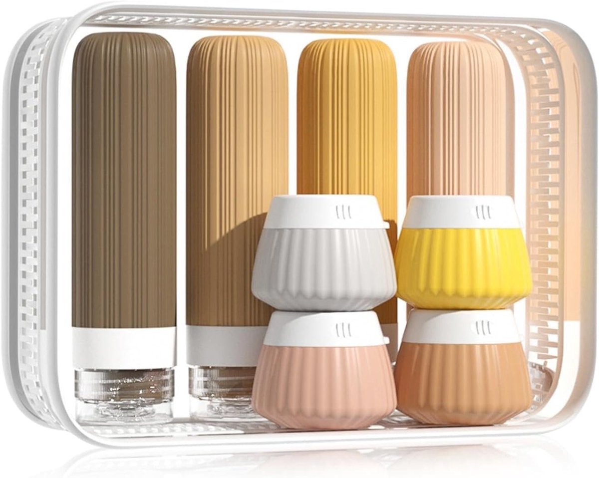 Set van 8 Levensmiddelenveilige Silicone Flessen voor Reizen - 90ml en 30ml, Lekvrije Reistubes met Duidelijke Tas, Ideaal voor Toilettas en Reiskosmetica