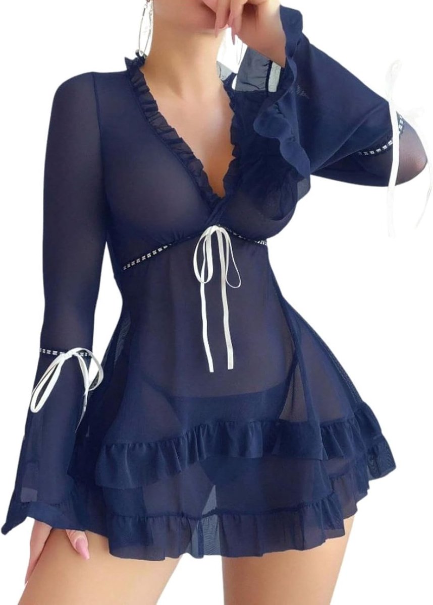 Lingerie Jurk met Ruffles en G-String | Sleek Lace Nachtkleding voor Vrouwen | Transparante Lange Mouwen en Sexy Pyjama Set