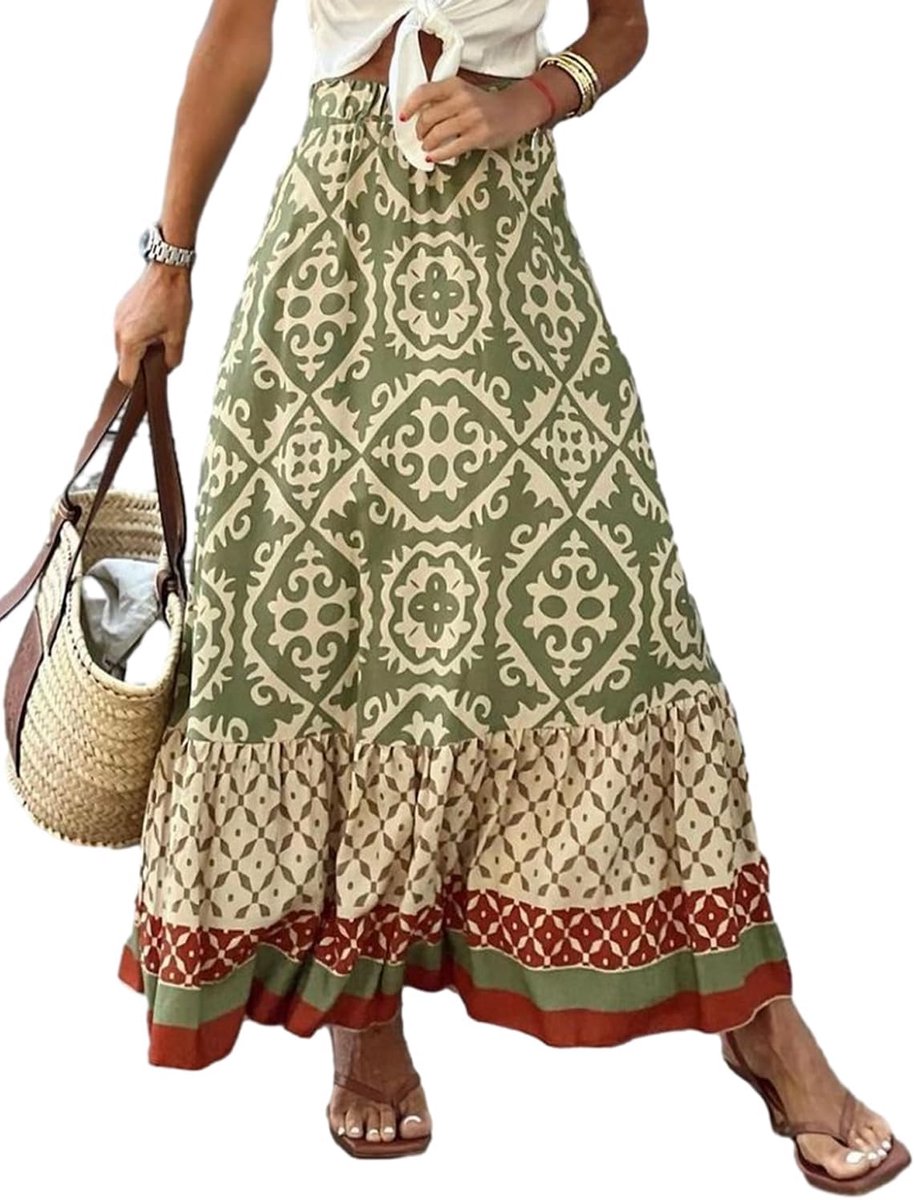 Maxirok voor dames, bedrukt, hoge taille, elastisch, casual, boho, bloemen, jurk, mouwloos, 2 in 1 rok