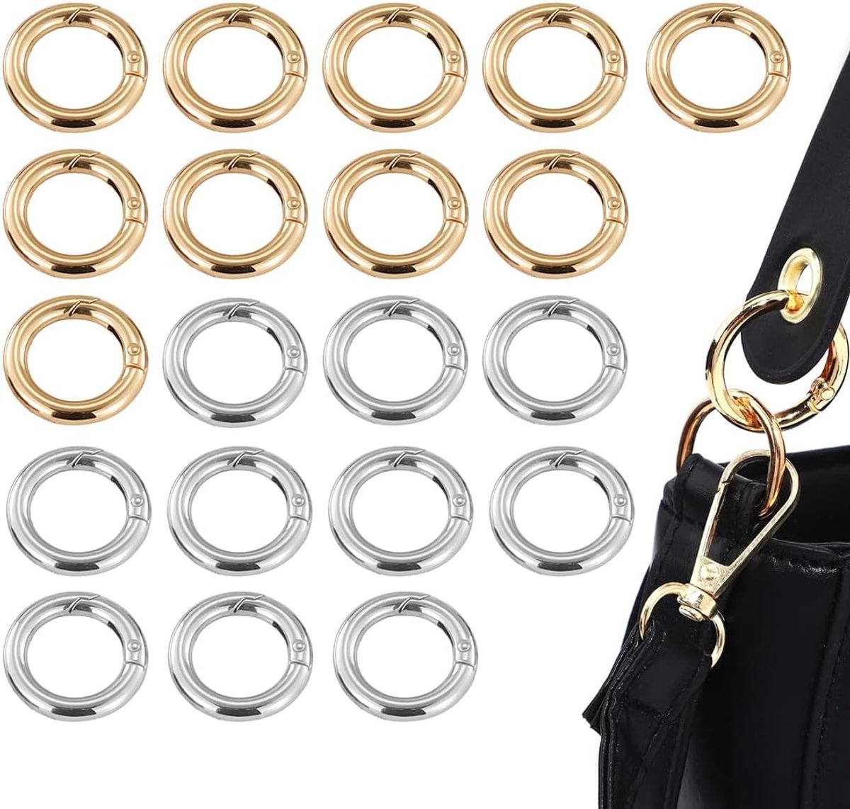 20 stuks ronde snappers, ronde veersnapper, sleutelring 28 mm open ring, trigger snaphaken en lus, sleutelketting voor rugzakken, bagageriemen, handwerk (goud en zilver)