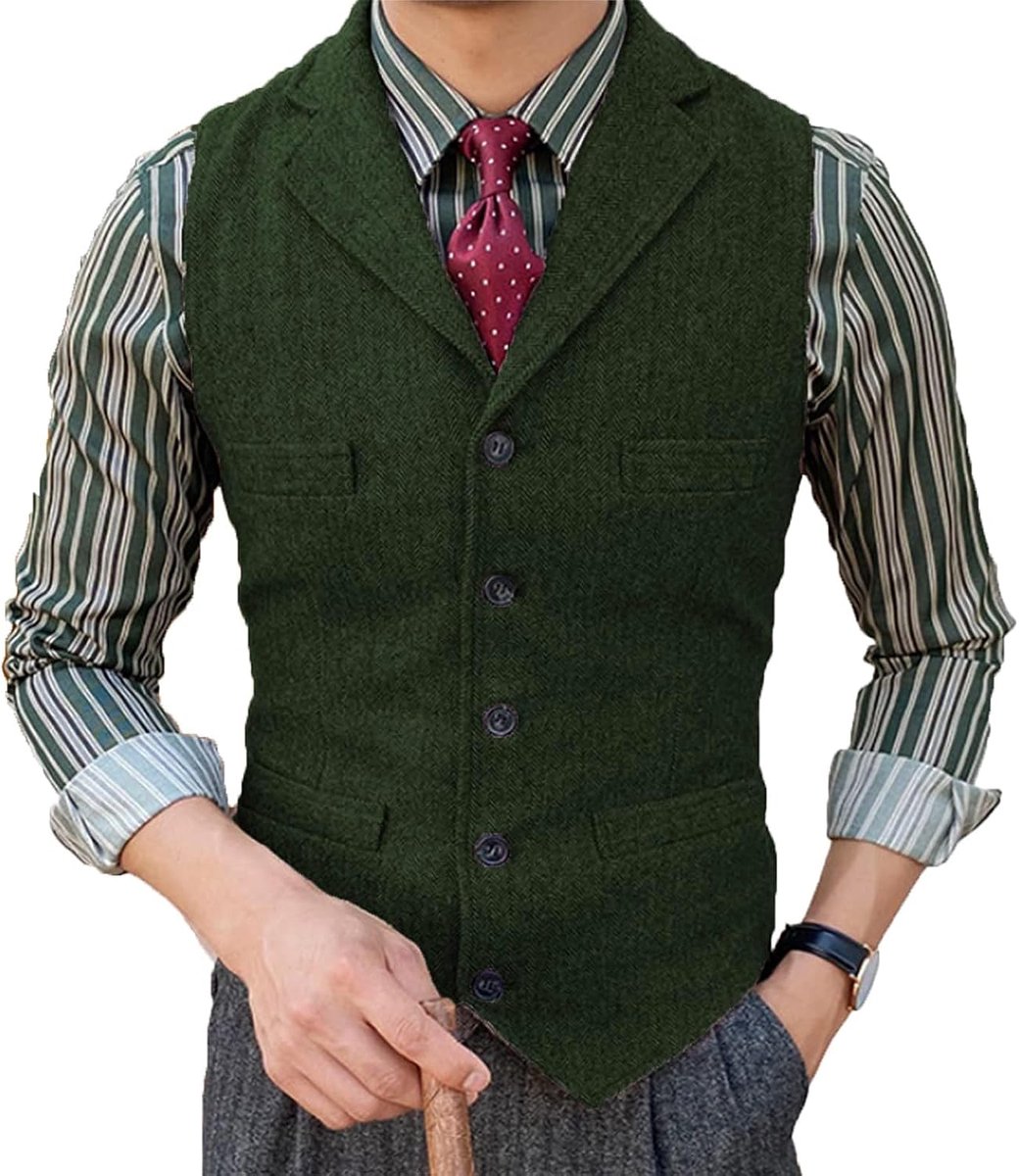 Herenpak vest slim fit wollen jurk vest tweed visgraat voor getuigen
