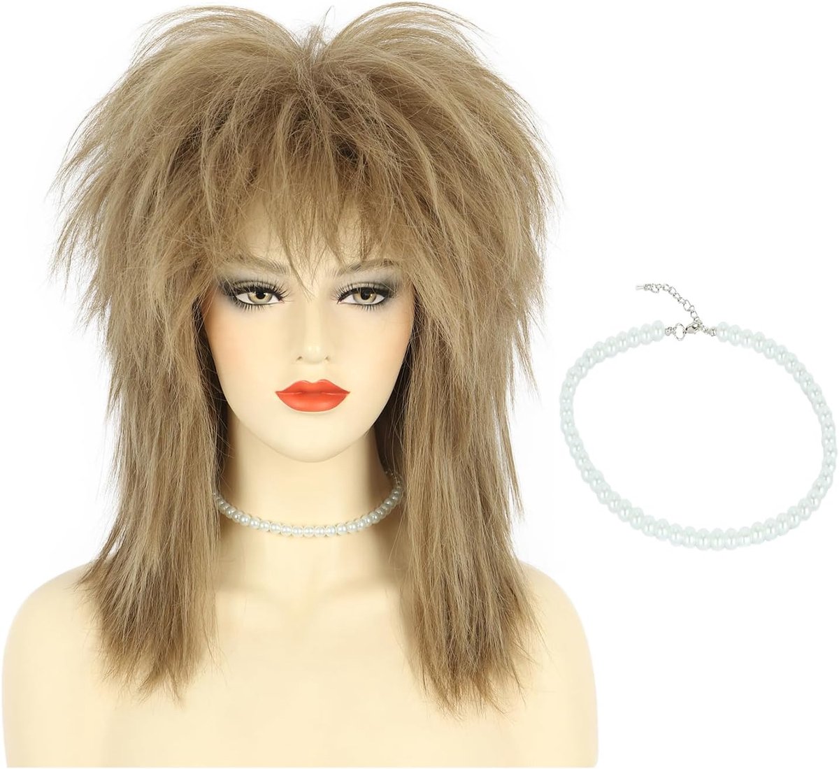 Lange krullende wimpers voor dames en heren, lichtbruin met halsketting, jaren 70, 80, rocker, mulet kostuum, wimpers, Halloween, cosplay, party, wimpers