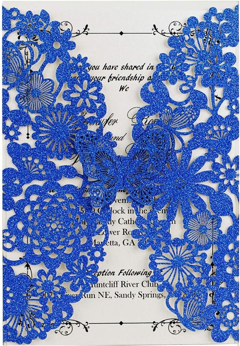20 x blauw glitter lasergesneden kant flora bruiloft uitnodigingskaarten met vlinder en enveloppen voor verjaardag bruidsshower verloving verjaardag huwelijksuitnodigingen (20 stuks)