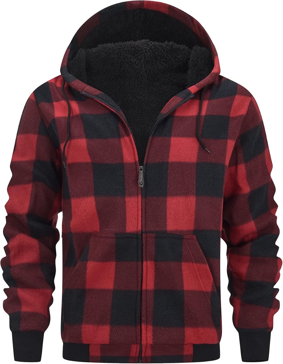 Geeksport Fleecejack Heren Sweatjack met Capuchon Winter Geruite Full Zip Hoodies Warme Jack Fleece Gevoerd Sweatshirt Heren Outdoor Winterjas