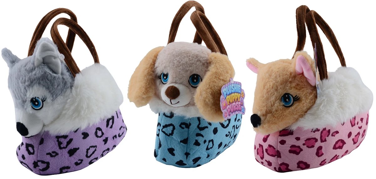 Johntoy knuffelhond speelgoed in handtas met dierenprint.