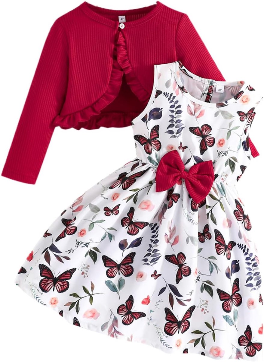 Jurk en gebreid vestje voor meisjes, 2 stuks, bloemenjurken, peuters, kinderen, lange mouwen, mantel, ruches, meisjesjurk voor 2-8 jaar